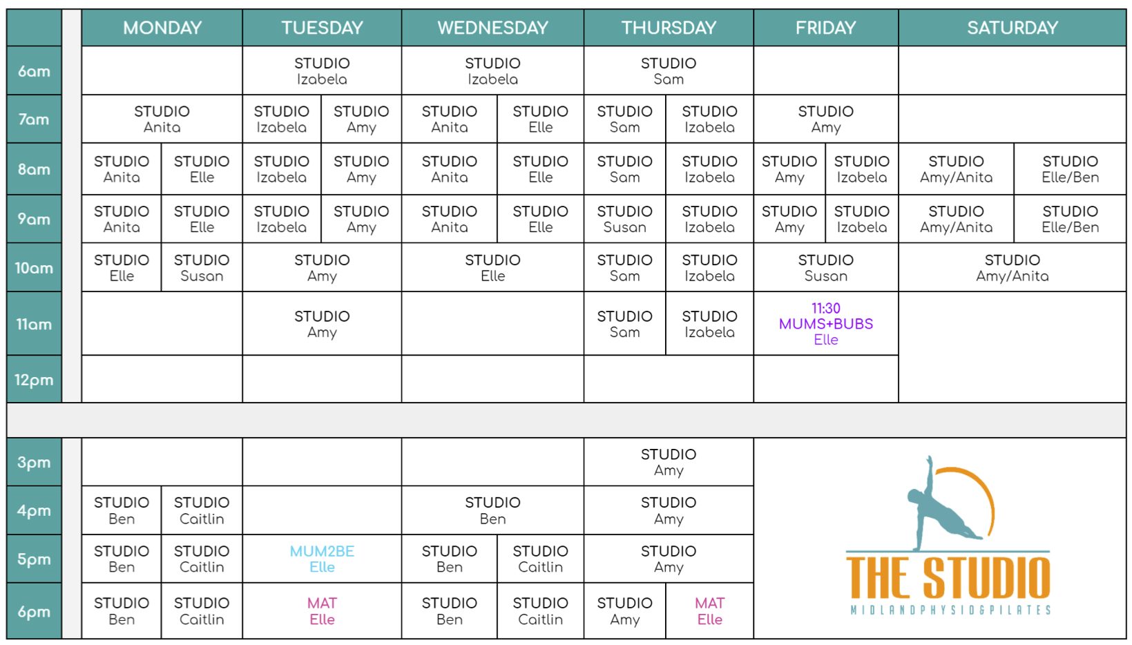 Mat and Studio Pilates Timetable - The Studio Midland
